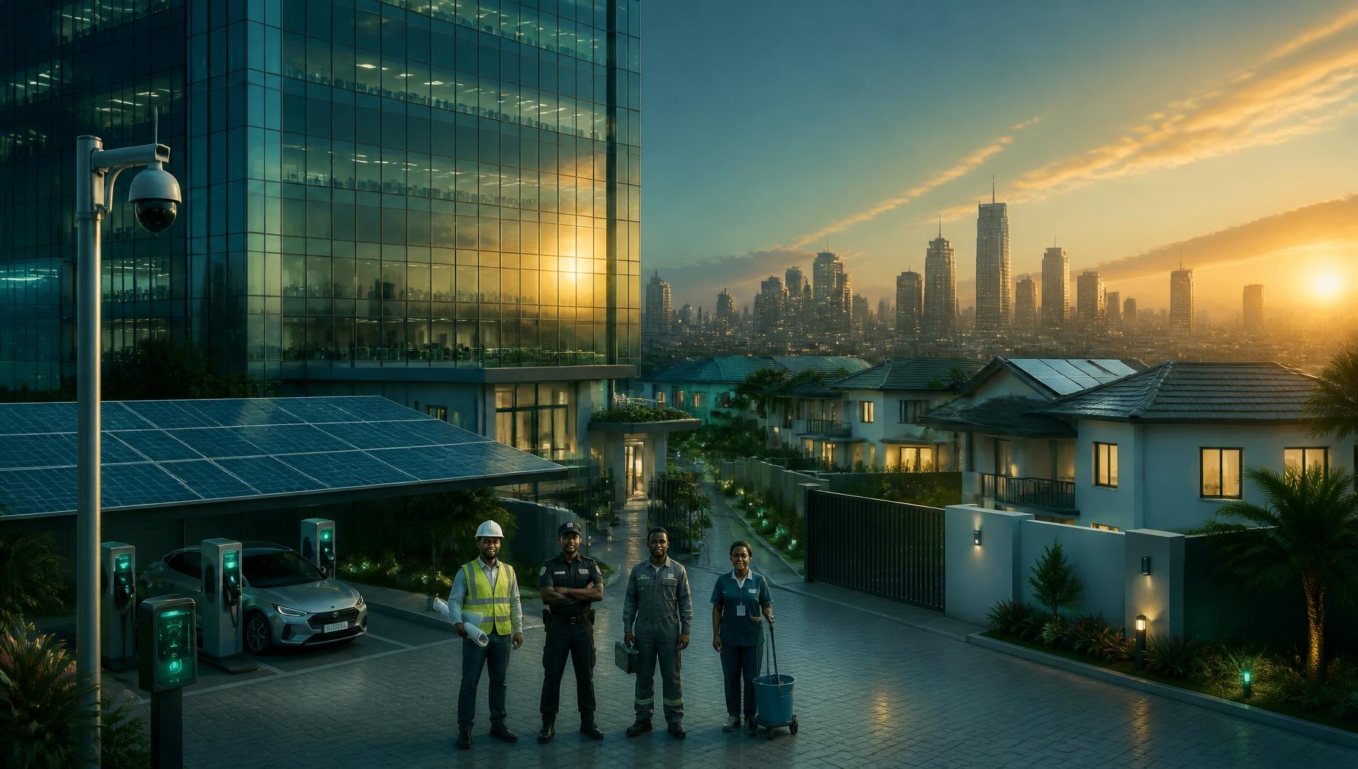 Nigerian commercial tower, residential estate, industrial facility and solar array at dusk
