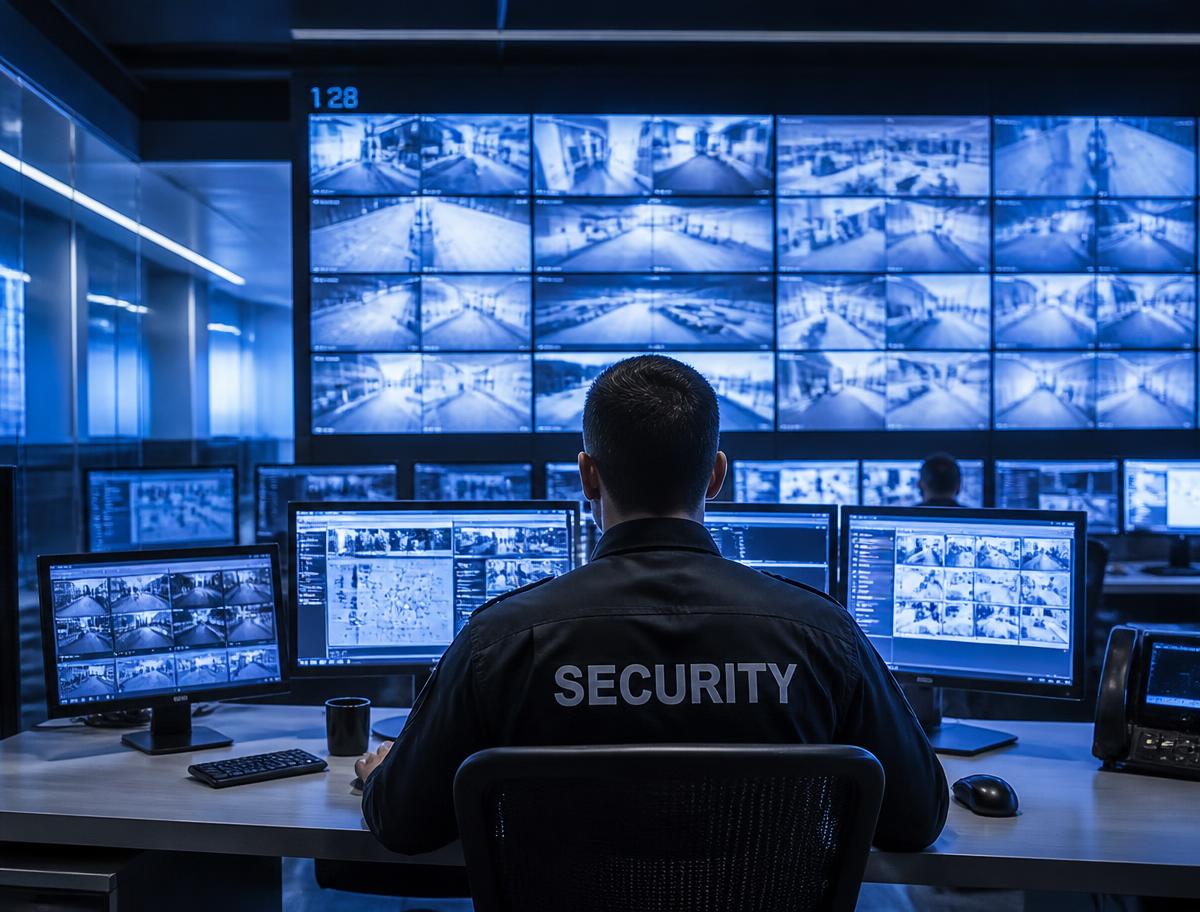 Security operations control room with a wall of CCTV monitors